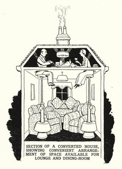 Secção de uma Casa Convertida, Mostrando Conveniente Arranjo de Espaço Disponível para Sala e Sala de Jantar (litho) de William Heath Robinson