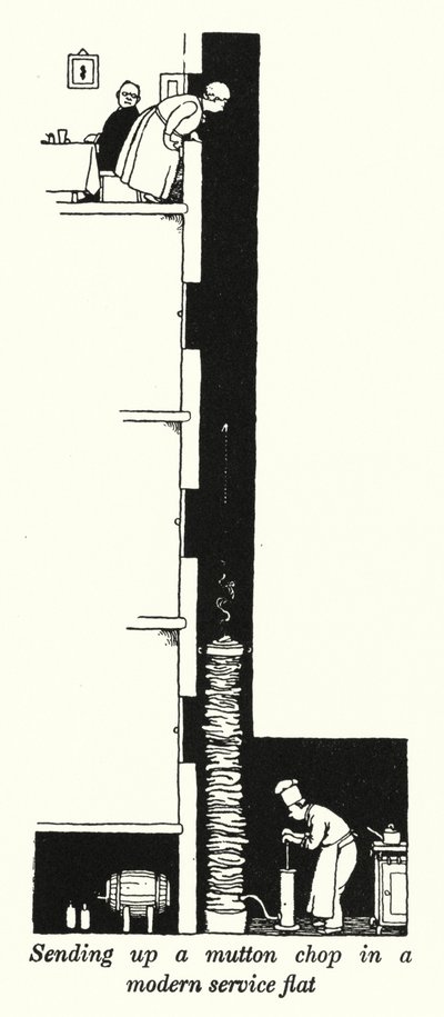 Envio de uma costeleta de carneiro em um moderno apartamento de serviço (litho) de William Heath Robinson