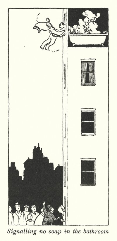 Não há sinal de sabão na casa de banho (litho) de William Heath Robinson