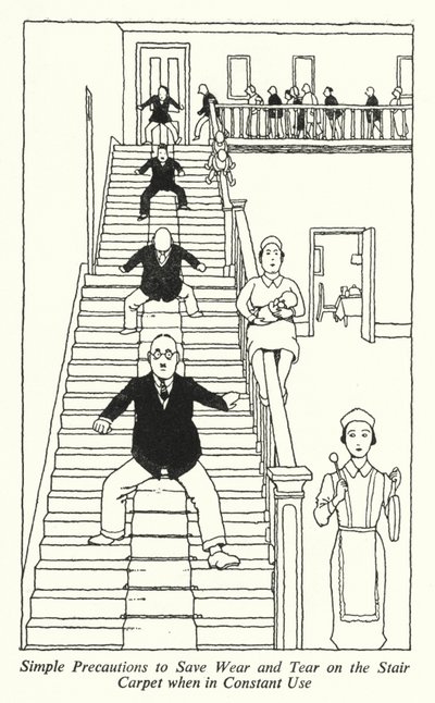Precauções simples para poupar desgaste no tapete da escada quando em uso constante (litho) de William Heath Robinson