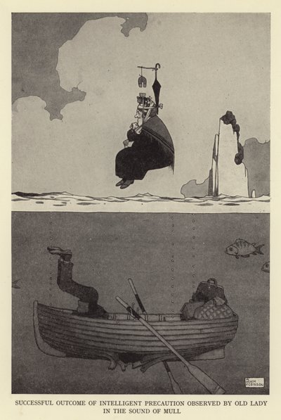 Resultado bem sucedido de precaução inteligente observado por velhinha no som de ponderar de William Heath Robinson