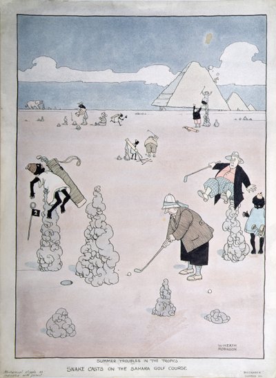 Problemas de Verão nos Trópicos - Snake Casts on the Sahara Golf Course (caneta, tinta e aguarela) de William Heath Robinson