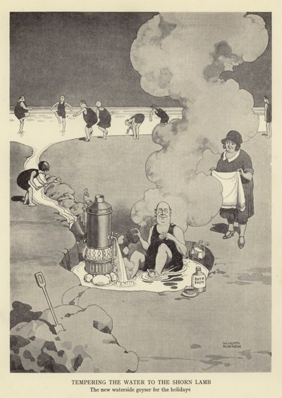 Temperando a água para o cordeiro tosado, o novo gêiser à beira d&39;água para as férias de William Heath Robinson