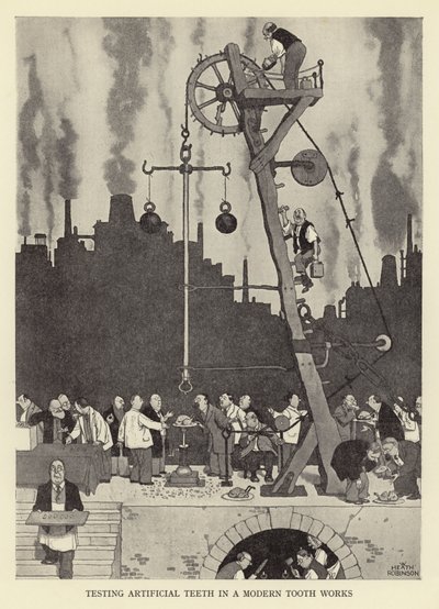 Teste de dentes artificiais em um dente moderno funciona de William Heath Robinson