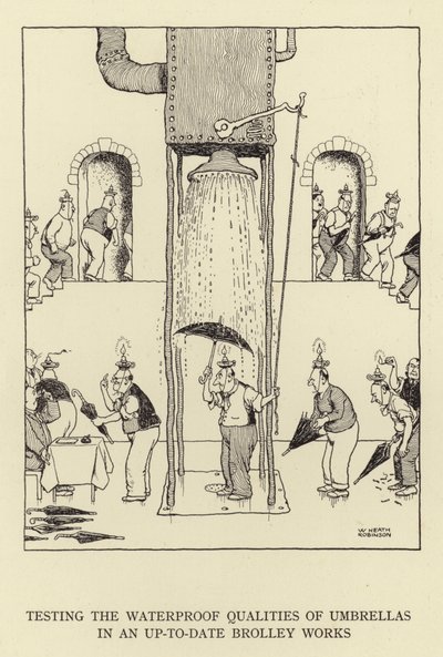 Testando as qualidades impermeáveis dos guarda-chuvas em um Brolley Works atualizado de William Heath Robinson