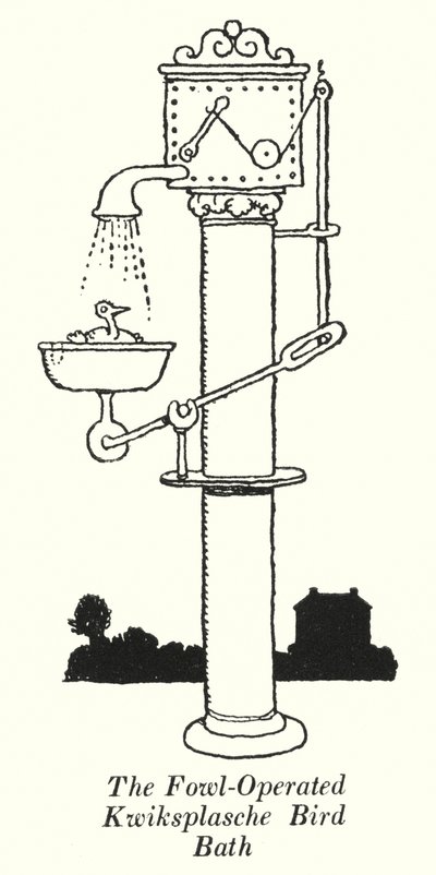 O Banho de Kwiksplasche de aves operado por aves (litho) de William Heath Robinson