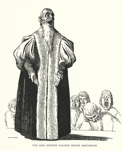 O Senhor Suckfist suplicou perante Pantagruel (litho) de William Heath Robinson