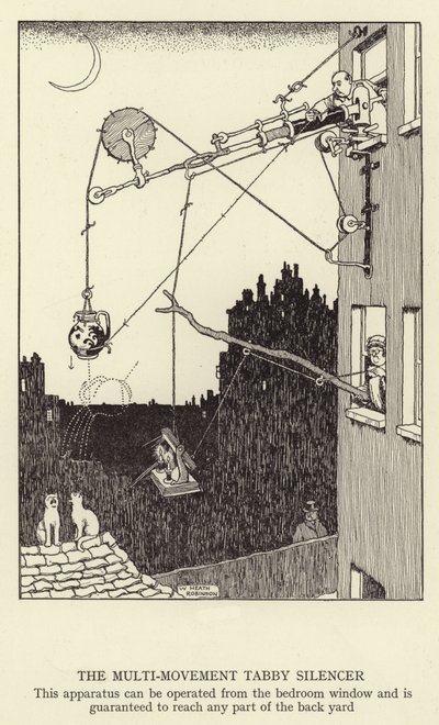 O silenciador Tabby Multi-movimento, este aparelho pode ser operado a partir da janela do quarto e é garantido para chegar a qualquer parte do quintal de William Heath Robinson