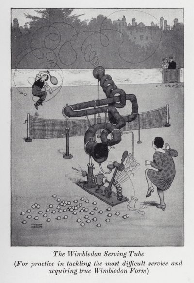 O Tubo Servo de Wimbledon, Para a prática de enfrentar o serviço mais difícil e adquirir a verdadeira Forma de Wimbledon (litho) de William Heath Robinson
