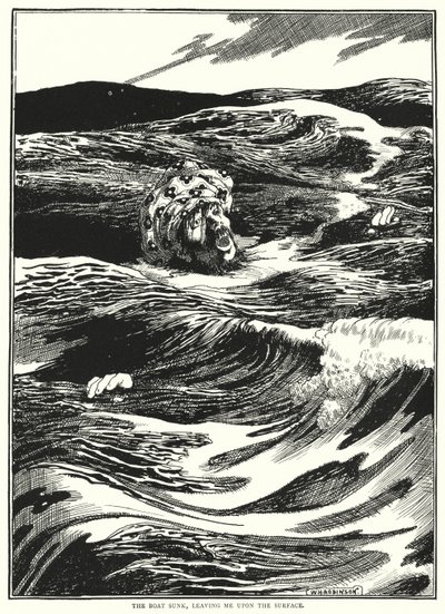 O barco afundou, deixando-me na superfície (gravura) de William Heath Robinson