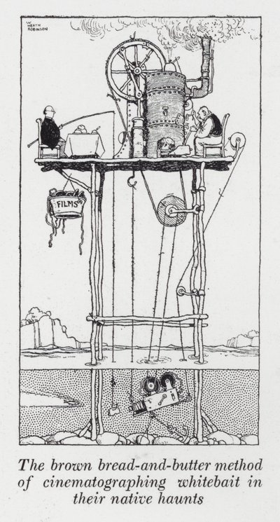 O método do pão-e-manteiga marrom de filmar whitebait em suas assombrações nativas (litho) de William Heath Robinson