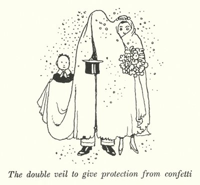 O véu duplo para dar proteção contra confettis (litho) de William Heath Robinson