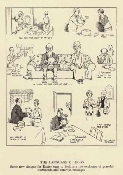 A linguagem dos ovos, alguns novos desenhos para ovos de Páscoa para facilitar a troca de sentimentos graciosos e mensagens amorosas de William Heath Robinson