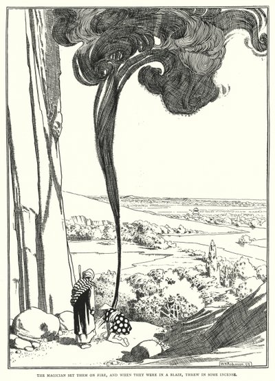 O mágico pegou-lhes fogo e, quando estavam em chamas, atirou-lhes incenso (gravura). de William Heath Robinson
