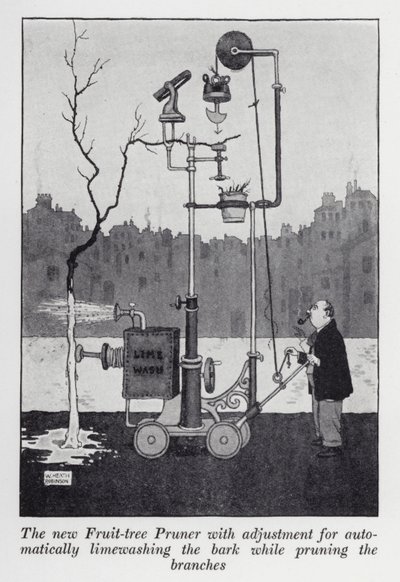 A nova podadora de árvores frutíferas com ajuste para a lavagem automática da casca da árvore durante a poda dos ramos (litho) de William Heath Robinson