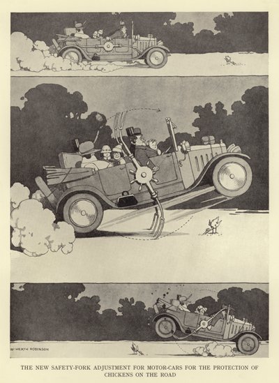 O novo ajuste do garfo de segurança para automóveis para a proteção de frangos na estrada de William Heath Robinson