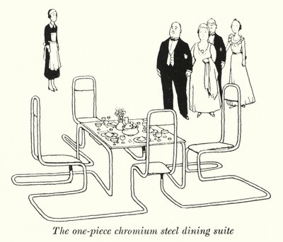 A suite de jantar de uma peça em aço cromado (litho) de William Heath Robinson