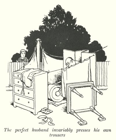 O marido perfeito pressiona invariavelmente as suas próprias calças (litho) de William Heath Robinson