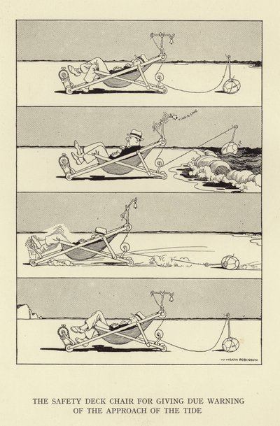 A cadeira de segurança para dar o devido aviso da aproximação da maré de William Heath Robinson