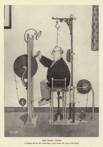 A cadeira de verrugas, um dispositivo simples para remover uma verruga do topo da cabeça de William Heath Robinson