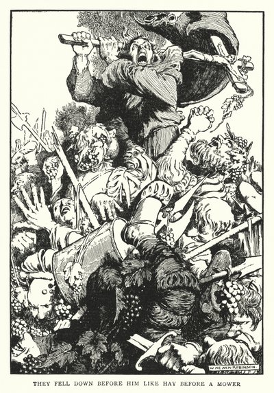 Caíram diante dele como feno diante de um cortador de relva (litho) de William Heath Robinson