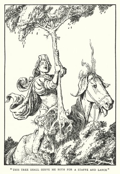 "Esta árvore me servirá tanto para um bastão como para uma lança" (litho) de William Heath Robinson