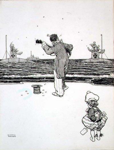 Trocando com o Inimigo nas Areias Yarmouth, de "Some Frightful War Pictures". de William Heath Robinson