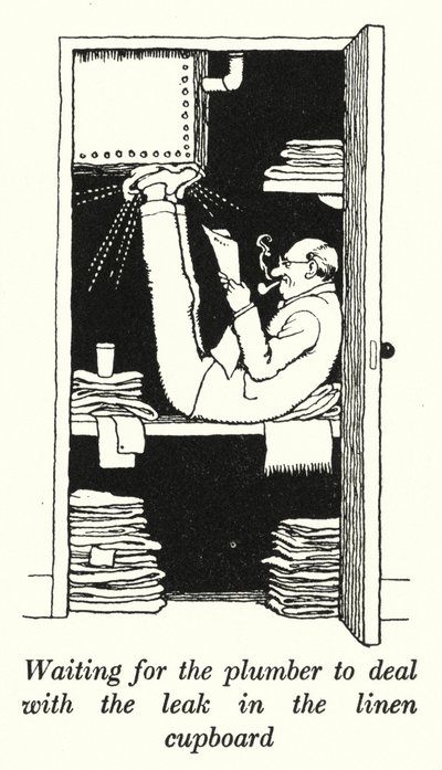 À espera que o canalizador trate da fuga no armário do linho (litho) de William Heath Robinson