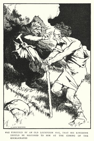 Foi predito por uma velha bruxa Lourpidon, que o seu reino deveria ser restaurado na vinda dos Cocklicranes (litho) de William Heath Robinson