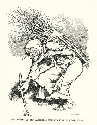 Estava a apanhar e a recolher alguns paus na referida floresta (litho) de William Heath Robinson