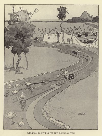 Widgeon blefando no Garfo Roaring de William Heath Robinson