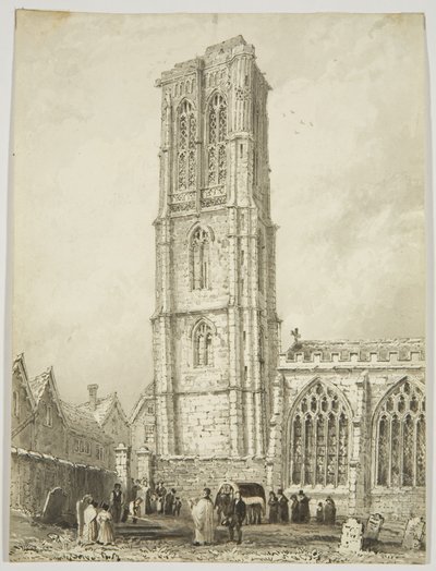 Exterior da Igreja do Templo, mostrando um internamento, c.1825 (lápis e aquarela sobre papel) de William Henry Bartlett