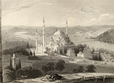 Mesquita e túmulo de Sulieman, da torre de Seraskier, Istambul, Turquia, gravada por H. Adlard de William Henry Bartlett