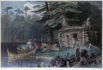 Pequena Casa dos Colonos no Lago Chaudière - em "Canadian scenery illustrated" por W.H. Bartlett, Londres de William Henry Bartlett