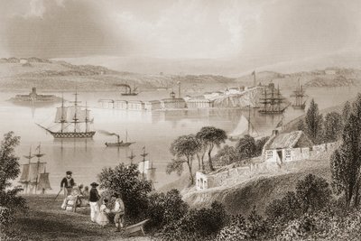 The Cove of Cork (agora Cobh), Condado de Cork, na Irlanda, de "Cenário e Antiguidades da Irlanda" por George Virtue, de 1860 de William Henry Bartlett