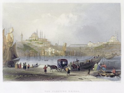 A ponte flutuante, Istambul, gravada por JC Bentley, c.1850 (aquatint) de William Henry Bartlett