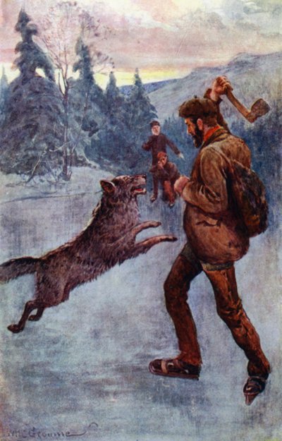 "Ele disparou; e o bruto, no momento em que estava fazendo sua mola, caiu, rosnando e assobiando" (cor litho) de William Henry Charles Groome