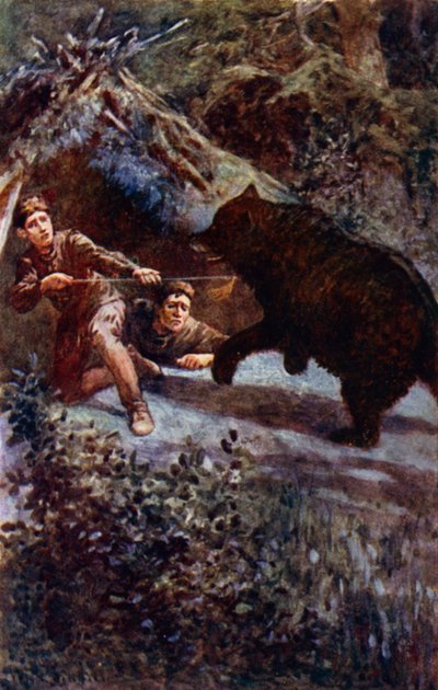 "Eu empurro a lança com todas as minhas forças para o peito do urso" (cor litho) de William Henry Charles Groome