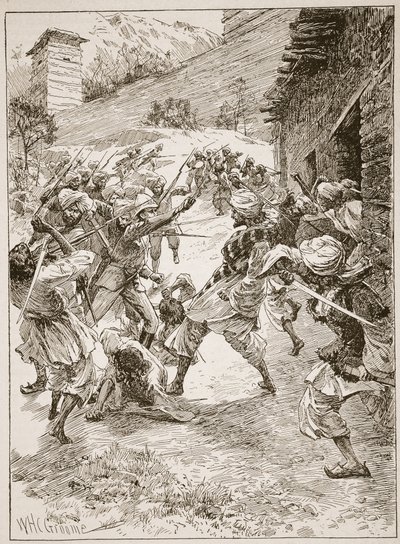 O tenente Harley, à frente de quarenta siques e sessenta caxemires, apressou a casa sobre a boca da mina, ilustração de "Batalhas do século dezenove", de Archibald Forbes, GA Henty an. de William Henry Charles Groome