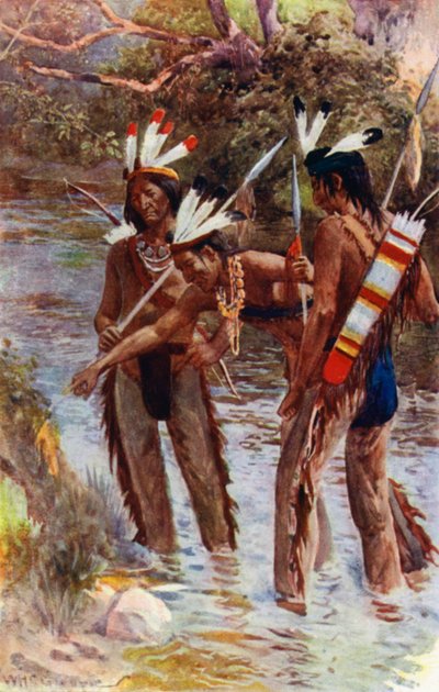 "Um deles parou e apontou para as marcas que os meus pés tinham feito enquanto eu saltava a margem" (cor litho) de William Henry Charles Groome