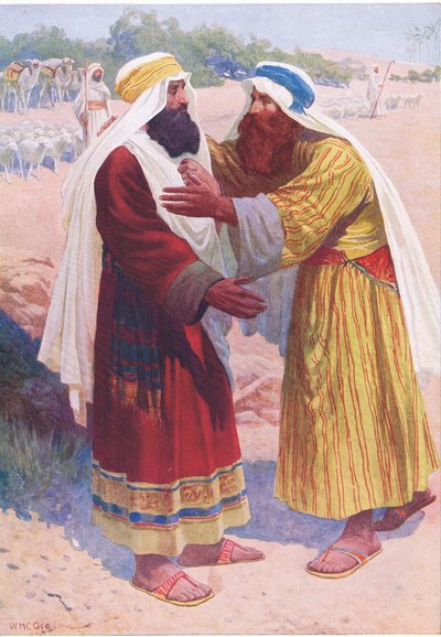 O encontro de Jacó e Esaú, do Livro de Gravuras da Bíblia, publicado por Thomas Nelson, c.1950 de William Henry Charles Groome