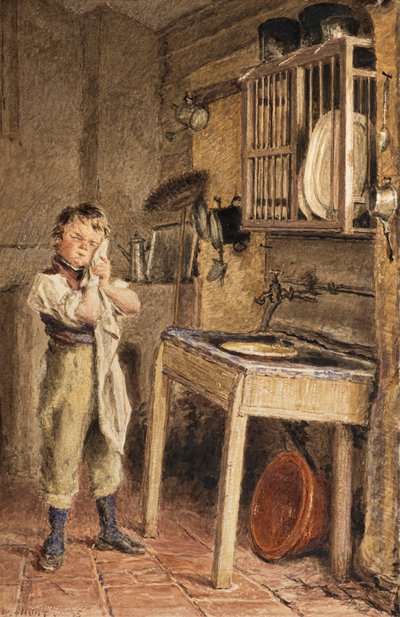 Um rapaz a lavar-se no lava-loiça da cozinha (aguarela) de William Henry Hunt