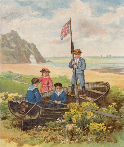 Crianças a brincar num barco na praia (cromolitografia) de William Henry James (after) Boot