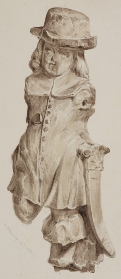 Figura esculpida em carvalho, uma vez na entrada da casa construída no local da Boars Head Tavern, Eastcheap, 1834 (lavar no papel) de William Henry Kearney
