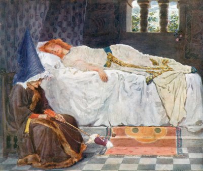 Seus olhos estavam fechados e seus cabelos, tocados pelo sol, estavam como fios de ouro no travesseiro coberto de neve. de William Henry Margetson