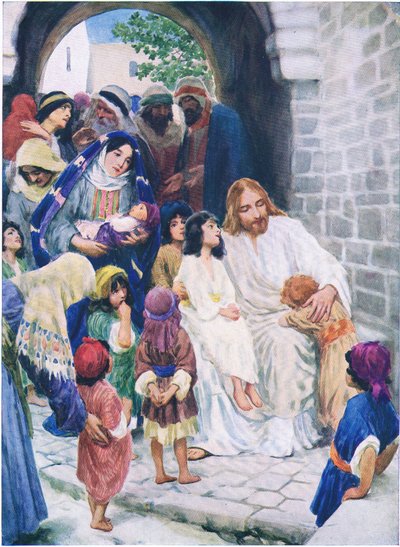 Jesus e as crianças, do livro de imagens da Bíblia publicado por Thomas Nelson, c.1950 de William Henry Margetson