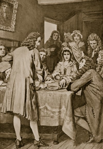 Paterson explica o esquema de Darien em Edimburgo, 1694, ilustração da "História da nação britânica" de Hutchinson, c.1923 de William Henry Margetson