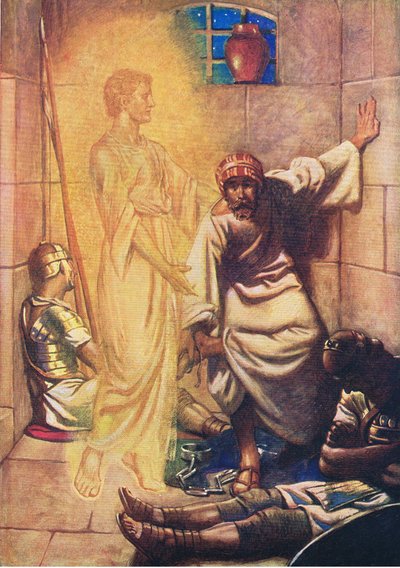 Pedro libertado da prisão, do livro bíblico publicado por Thomas Nelson, c.1950 de William Henry Margetson