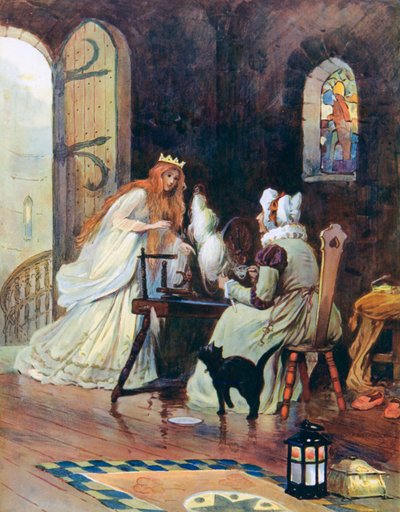 Ela subiu as escadas, e no topo ela encontrou uma pequena sala na qual uma velha sentada girava de William Henry Margetson