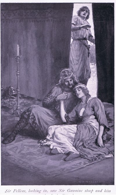 Sir Pelleas, olhando para dentro, viu Sir Gawaine se inclinar e beijar a dama Ettard de William Henry Margetson